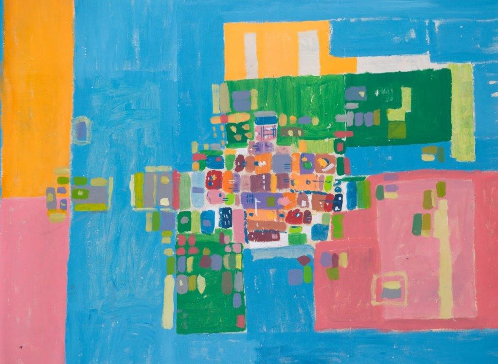 z.t., 2024 (met acryl geschilderd op tafelkleed, 115 x 155 cm)